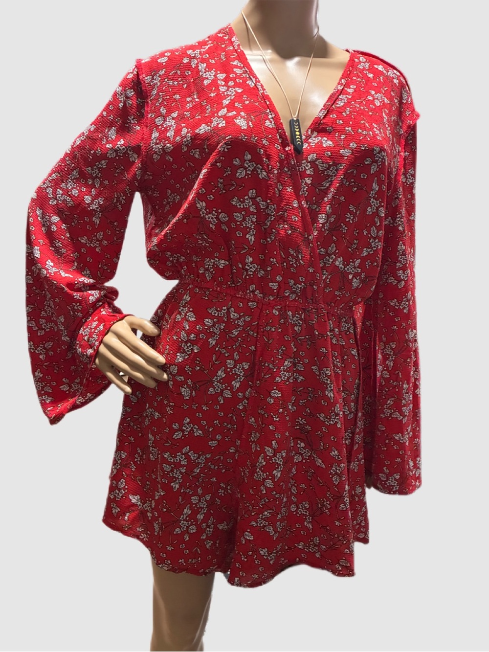 Red Floral V-Neck Long Sleeve Short Romper